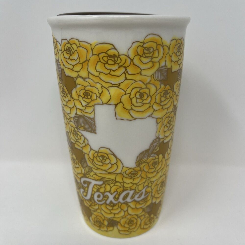 10oz Starbucks Texas Yellow Rose Flower Floral Ceramic Travel Tumbler Coffee Mug